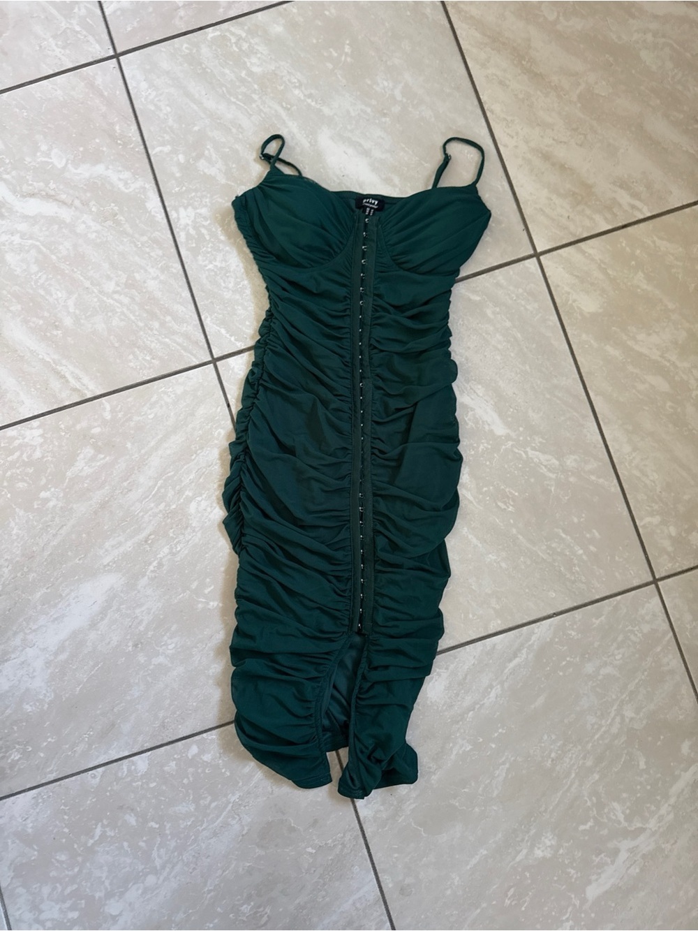 privy Deep Green Ruched Midi Dress with Front Buttons - Picture 2 of 9